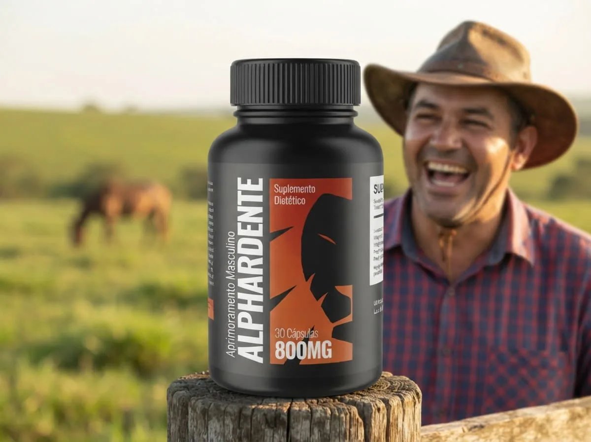 Homem adulto sorridente na fazenda com o frasco de Alphardente Cápsulas