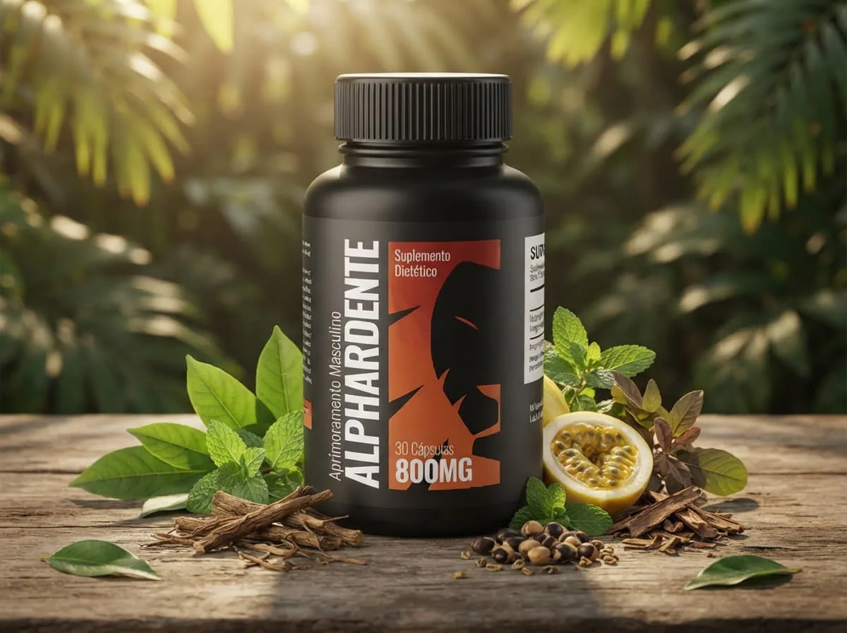 Composição do Alphardente: frasco entre folhas e ingredientes naturais