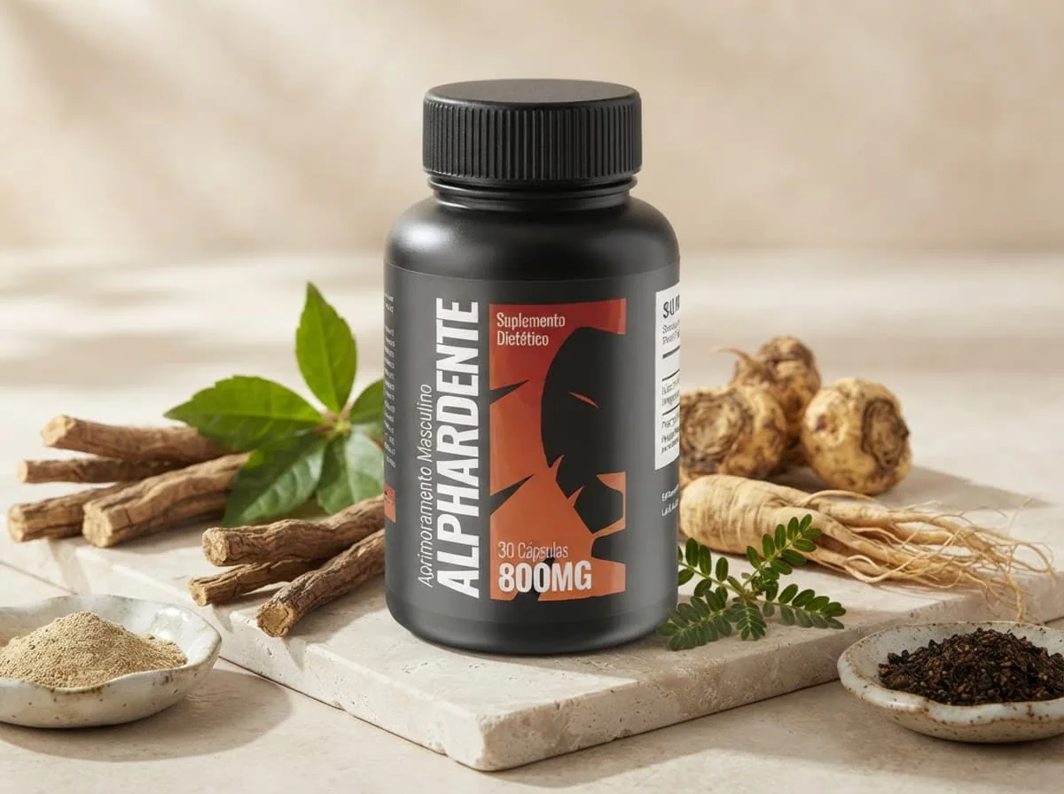 Frasco de Alphardente Cápsulas com raízes de Tongkat Ali, maca peruana e ginseng