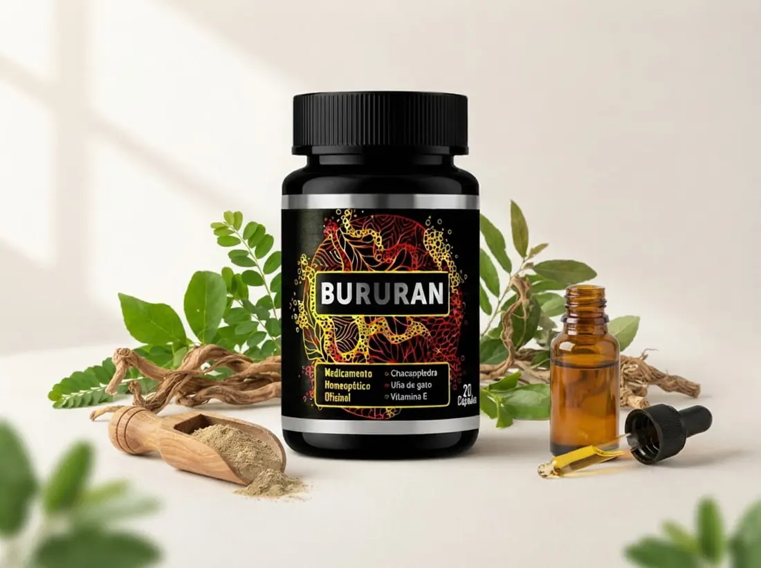Envase de Bururan Colombia junto a las plantas de su fórmula: chancapiedra y uña de gato