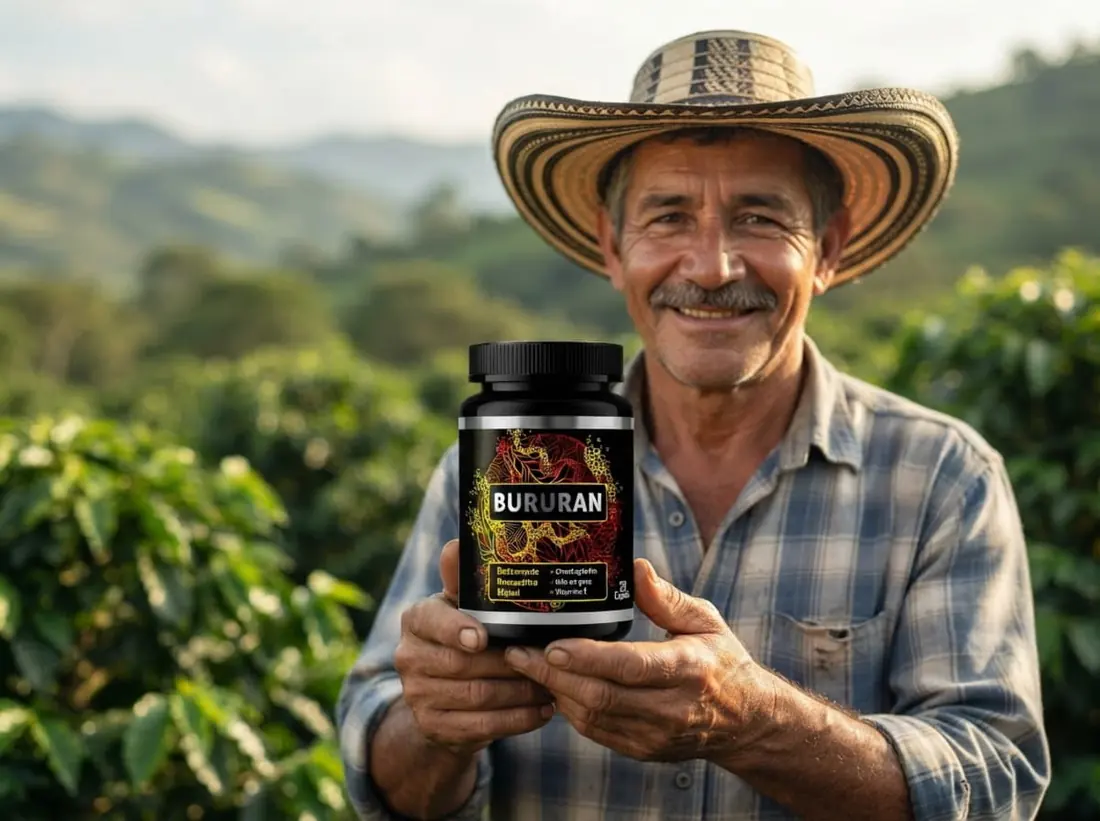 Hombre colombiano de unos 50 años al aire libre junto al envase de Bururan